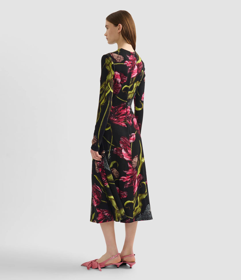 FLORAL PRINT PONTE JERSEY LONG SLEEVE MIDI DRESS