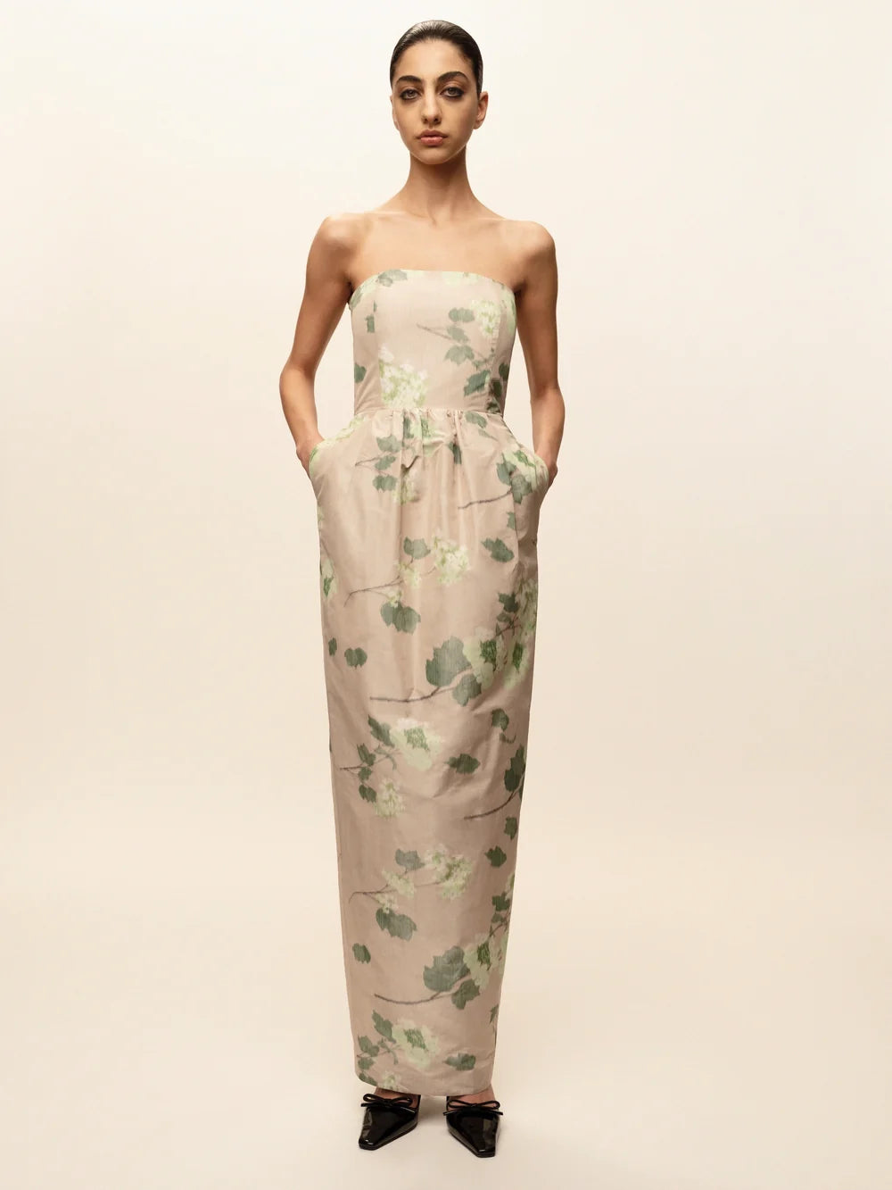 DRESS LENA IN CHINE HYDRANGEA GREEN ON BEIGE PRINT