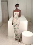 DRESS LENA IN CHINE HYDRANGEA GREEN ON BEIGE PRINT