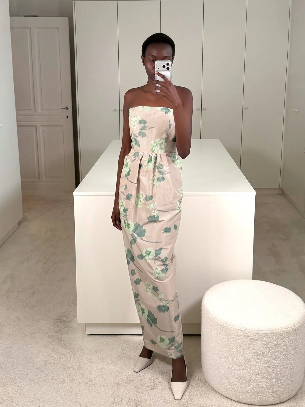 DRESS LENA IN CHINE HYDRANGEA GREEN ON BEIGE PRINT