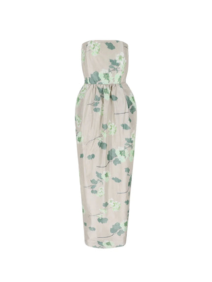 DRESS LENA IN CHINE HYDRANGEA GREEN ON BEIGE PRINT