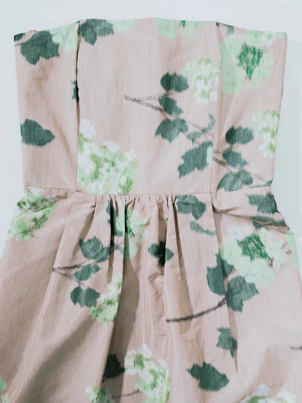DRESS LENA IN CHINE HYDRANGEA GREEN ON BEIGE PRINT