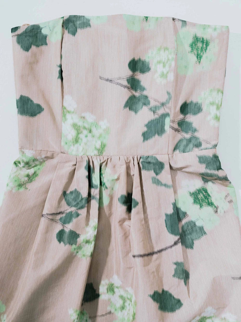 DRESS LENA IN CHINE HYDRANGEA GREEN ON BEIGE PRINT