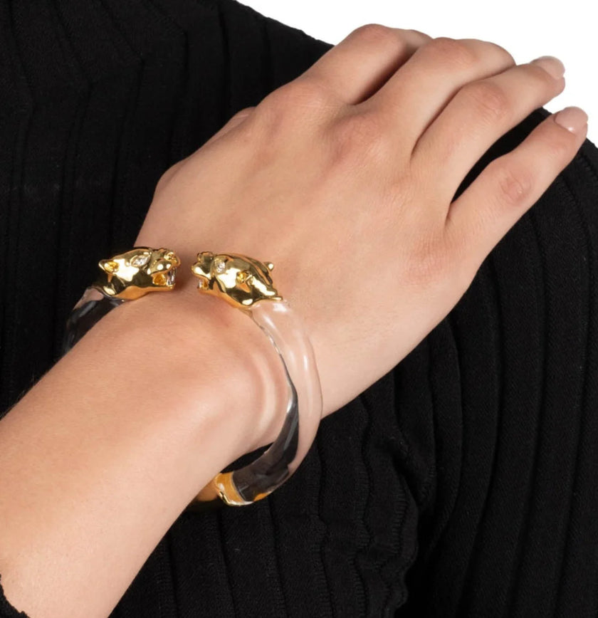 PANTHER VISAGE LUCITE HINGE CUFF BRACELET
