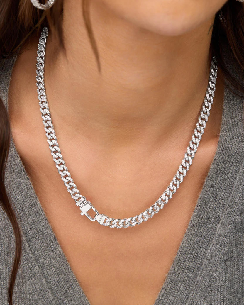PAVE JULIAN CUBAN CHAIN NECKLACE IN SILVER 18 INCH