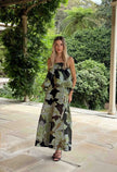 ELYSIA TIERED GOWN IN BLACK AND GREEN FLORAL