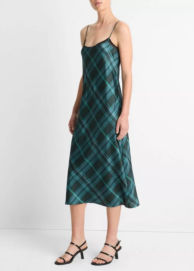 PLAID LACE TRIM SLIP DRESS