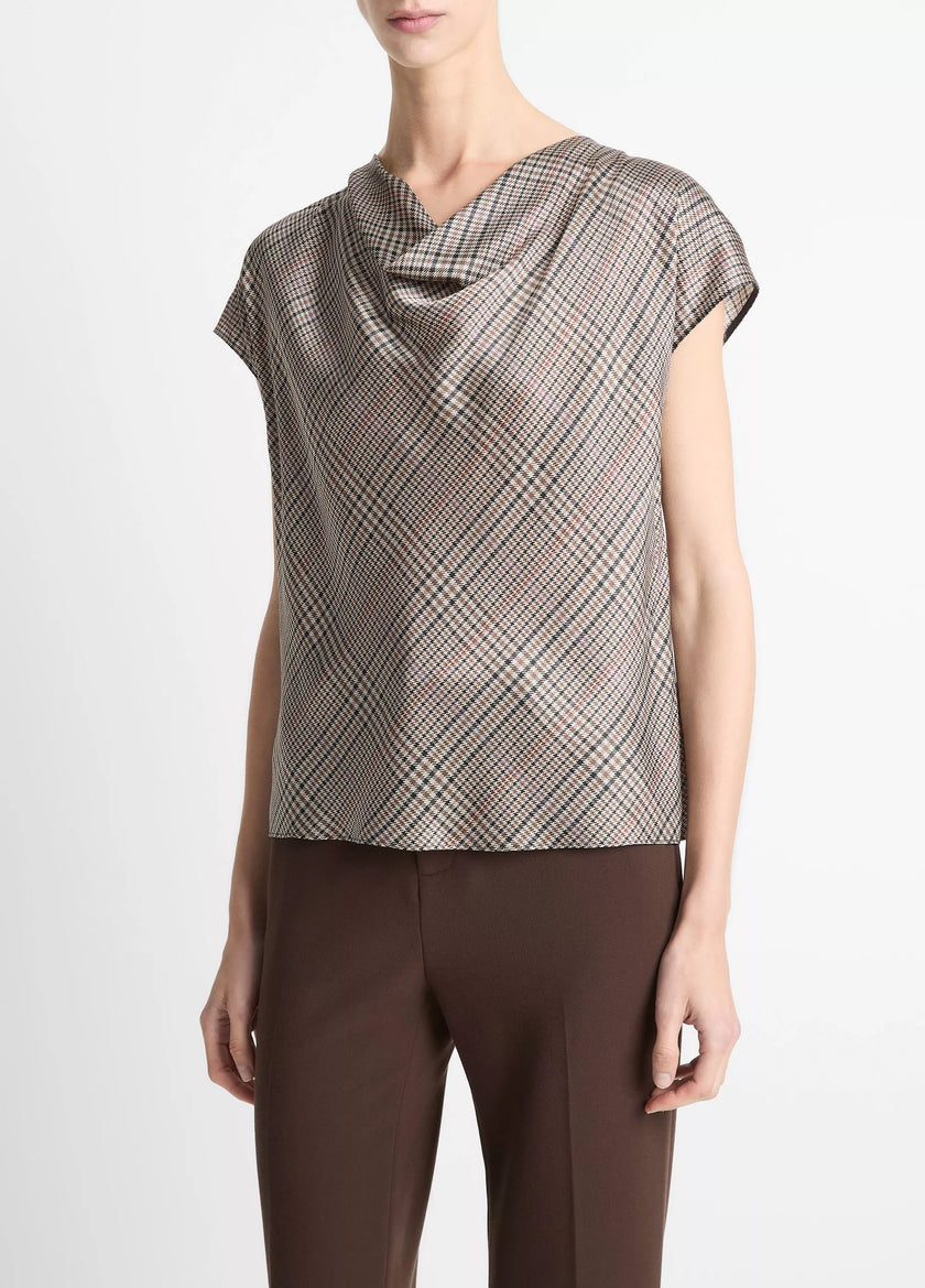 PRESSED PLAID SILK COWL NECK BLOUSE