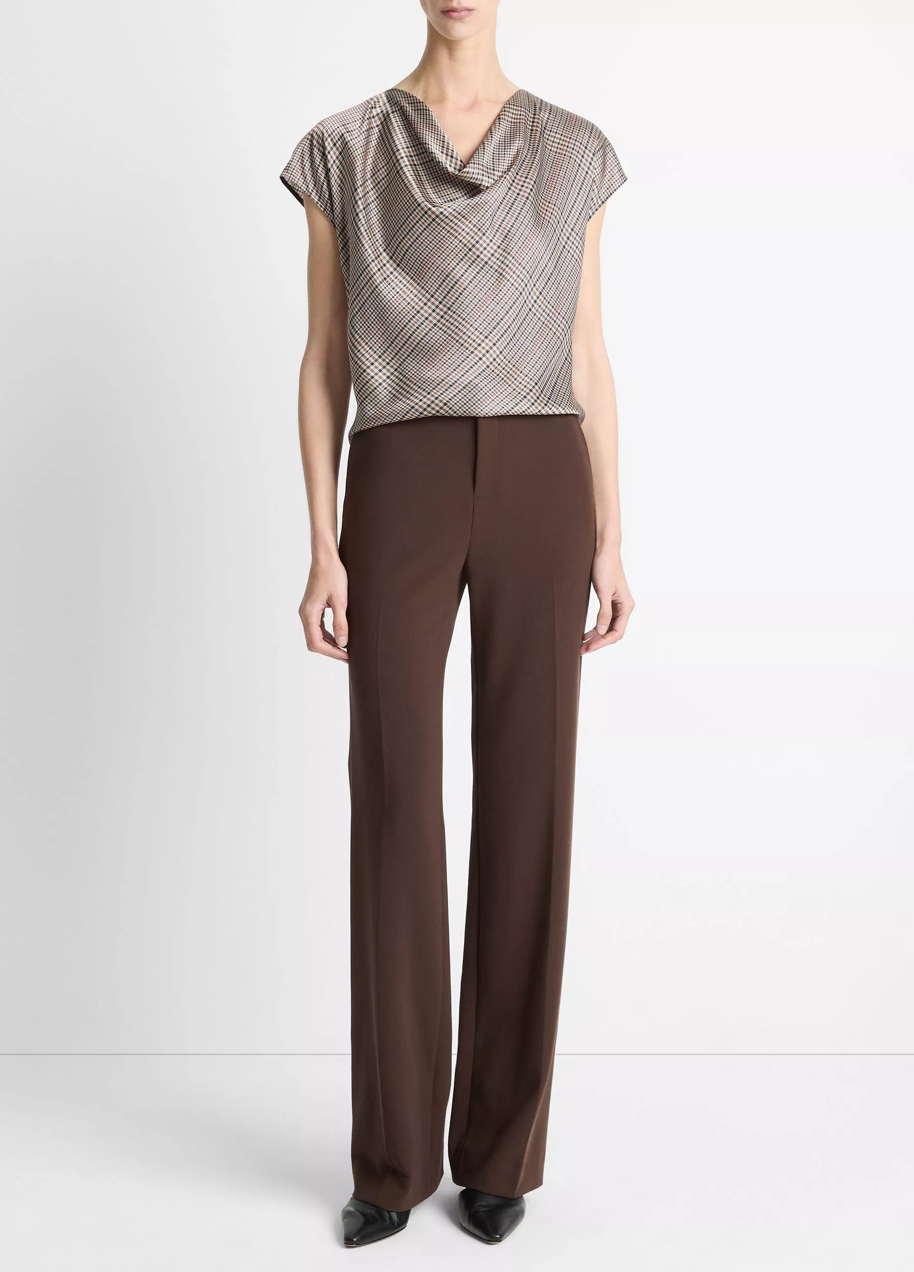 PRESSED PLAID SILK COWL NECK BLOUSE