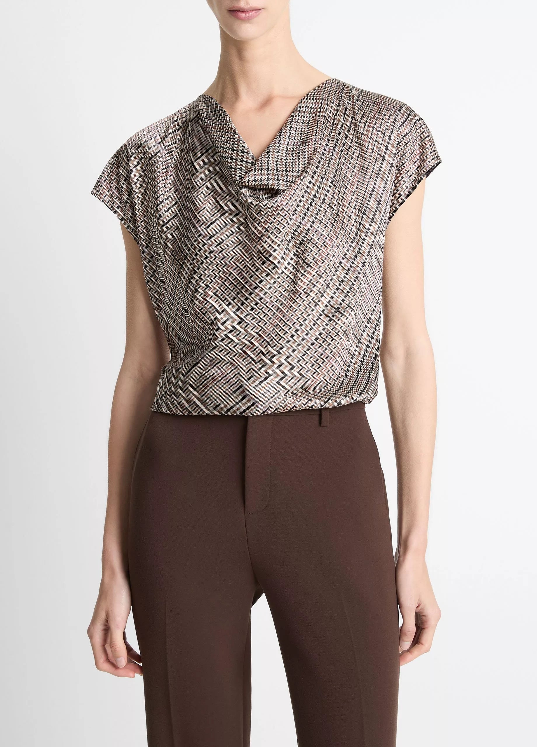 PRESSED PLAID SILK COWL NECK BLOUSE