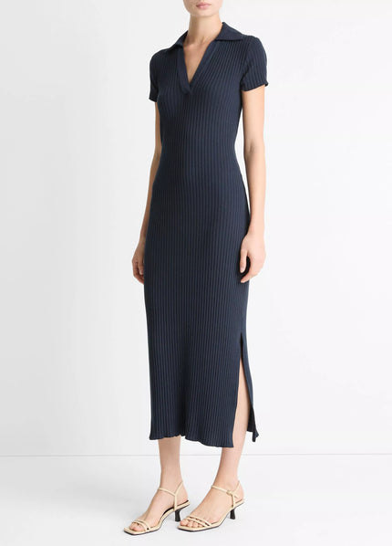 RIBBED COTTON BLEND POLO DRESS