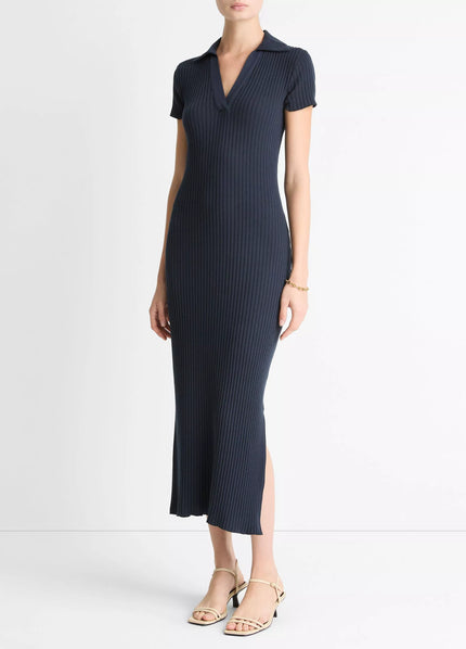 RIBBED COTTON BLEND POLO DRESS