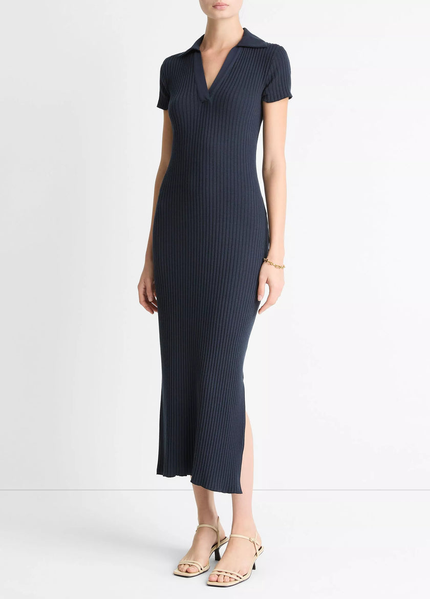 RIBBED COTTON BLEND POLO DRESS