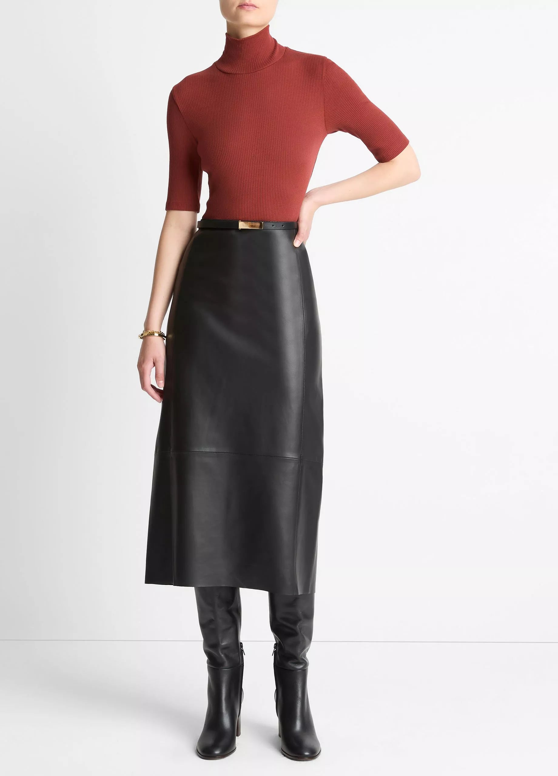 RIBBED COTTON ELBOW SLEEVE TURTLENECK TOP