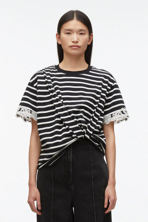 STRIPED CRAPED T SHIRT WITH LACE EMBROIDERY