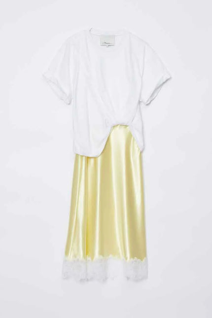DRAPED COMBO TSHIRT DRESS WITH LACE TRIM