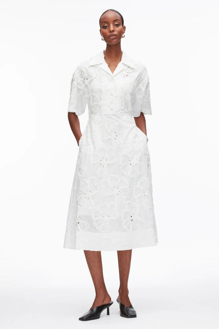 EMBROIDERED MIDI SHIRT DRESS IN WHITE