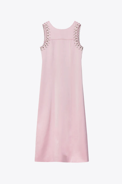 STUDDED SATIN SLEEVELESS MIDI DRESS