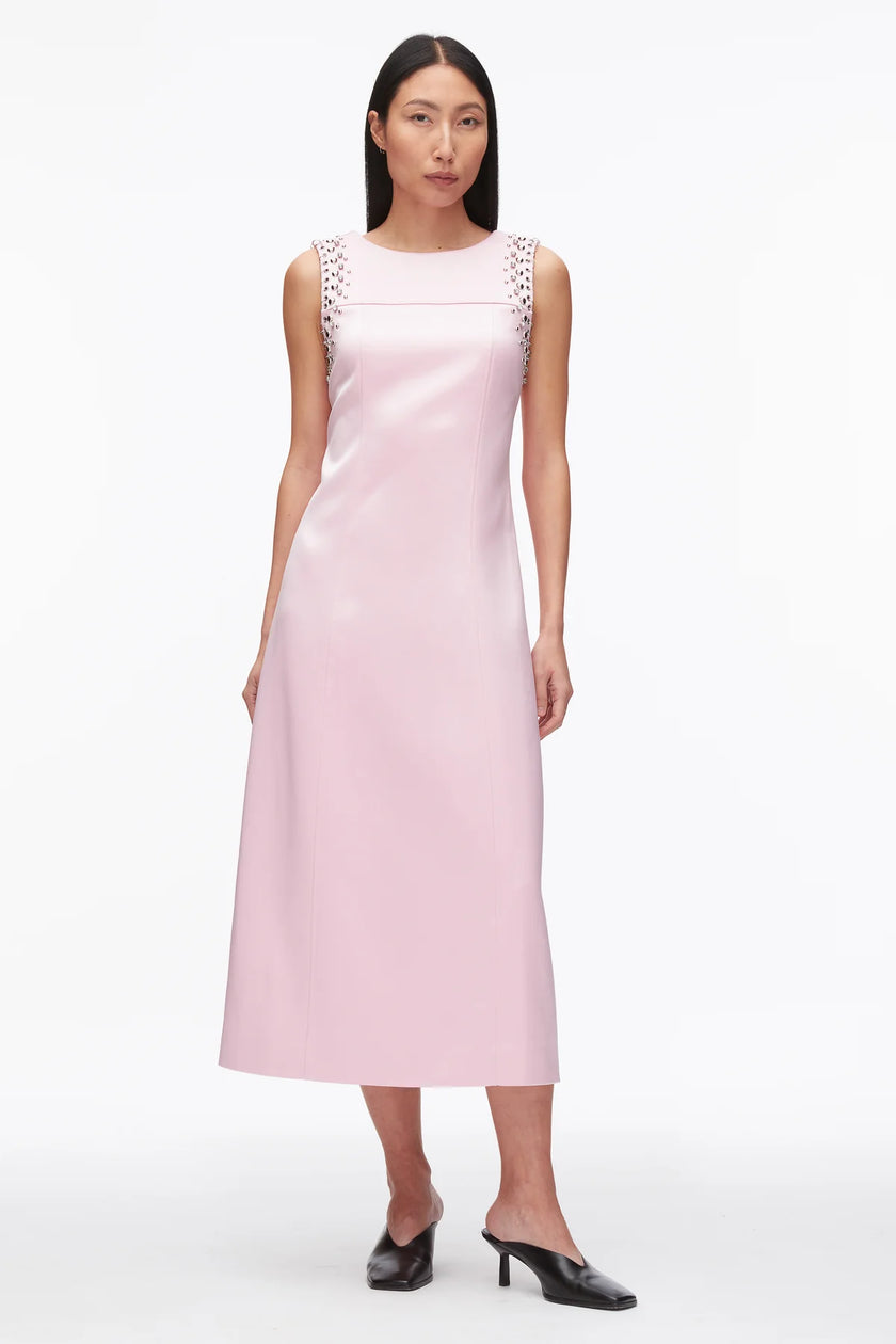 STUDDED SATIN SLEEVELESS MIDI DRESS