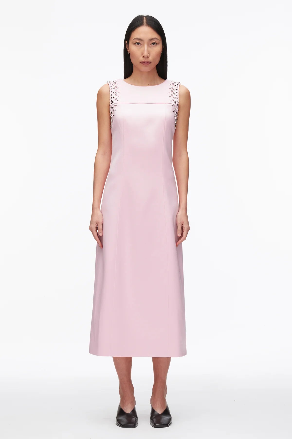 STUDDED SATIN SLEEVELESS MIDI DRESS