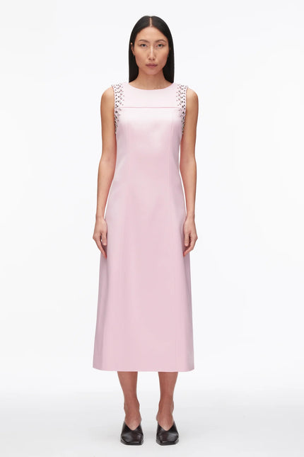 STUDDED SATIN SLEEVELESS MIDI DRESS