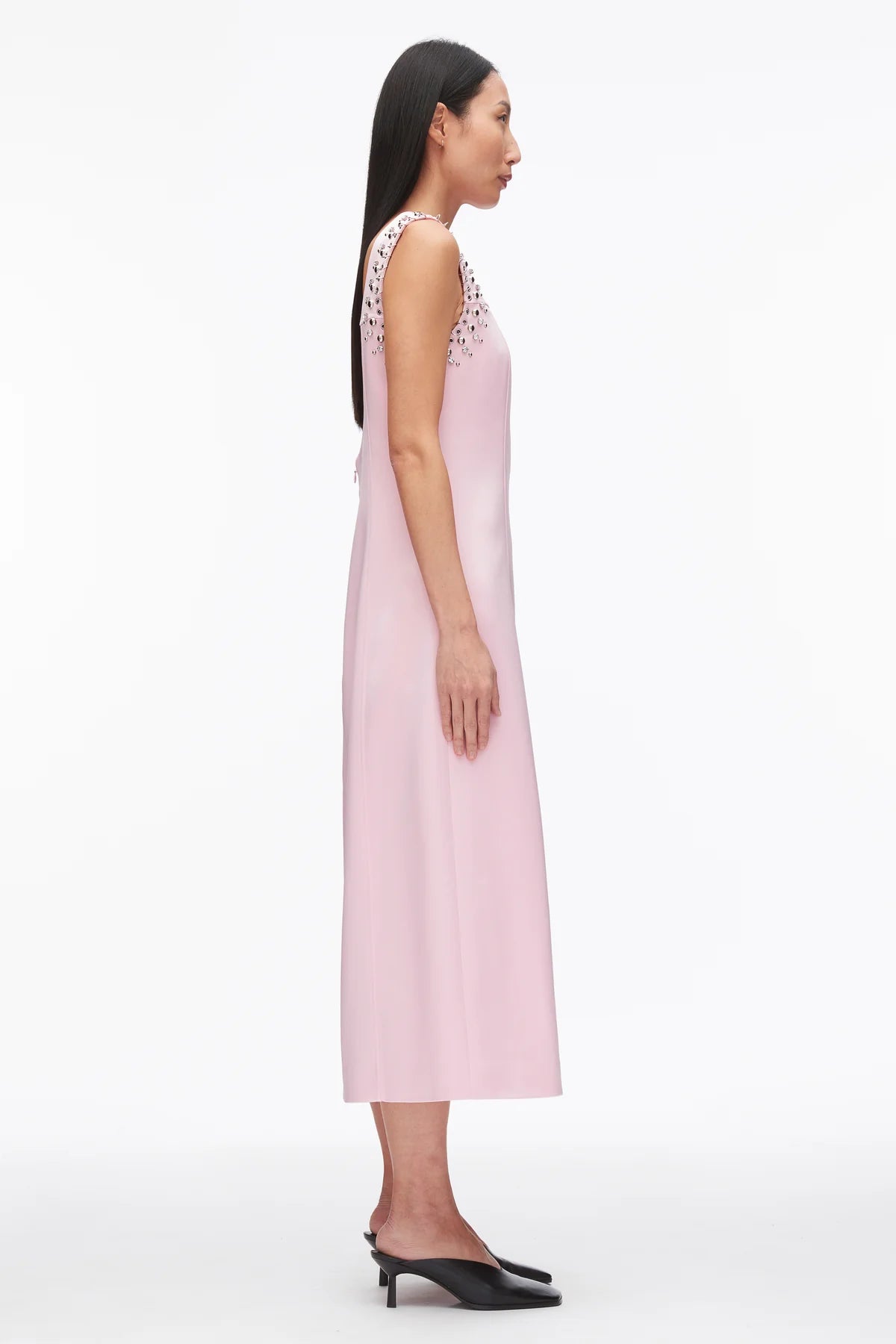 STUDDED SATIN SLEEVELESS MIDI DRESS