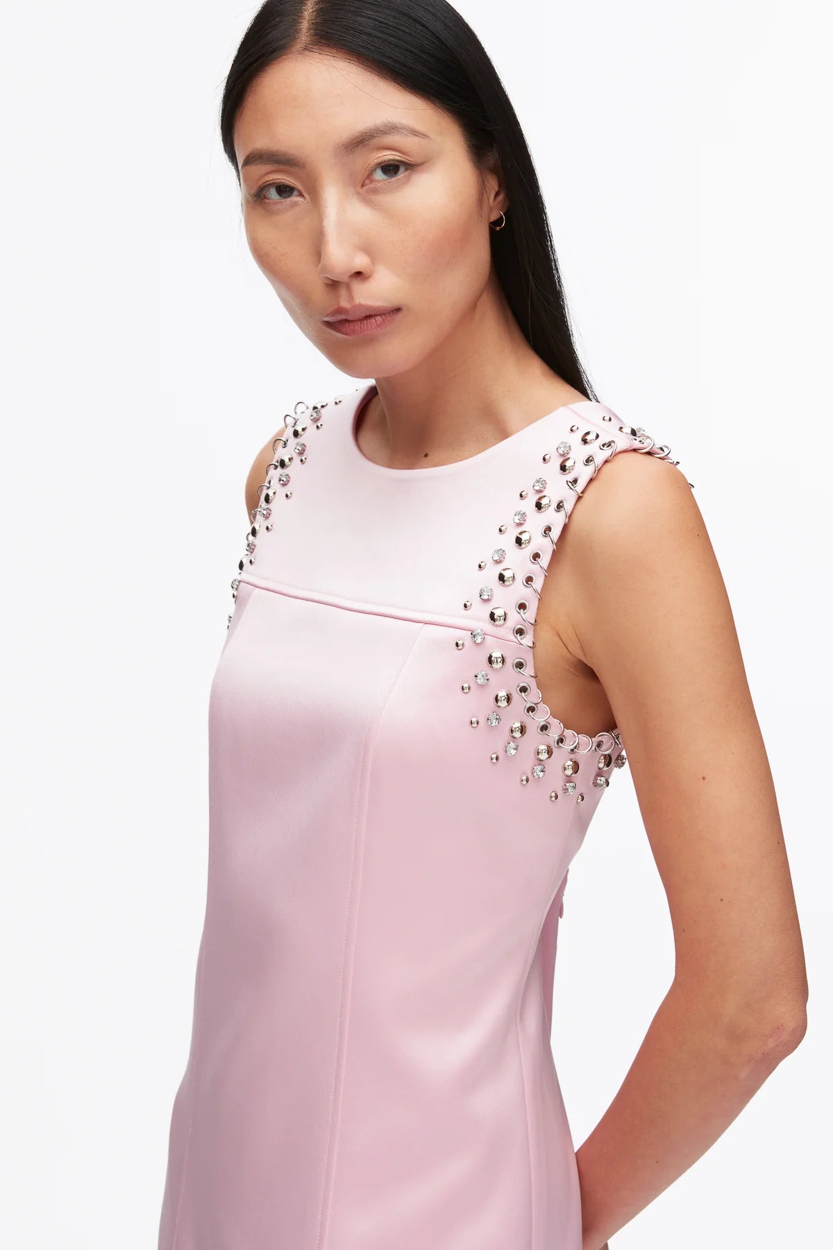 STUDDED SATIN SLEEVELESS MIDI DRESS