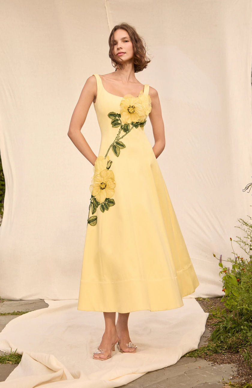 PEONY EMBROIDERED STRETCH COTTON FULL DRESS