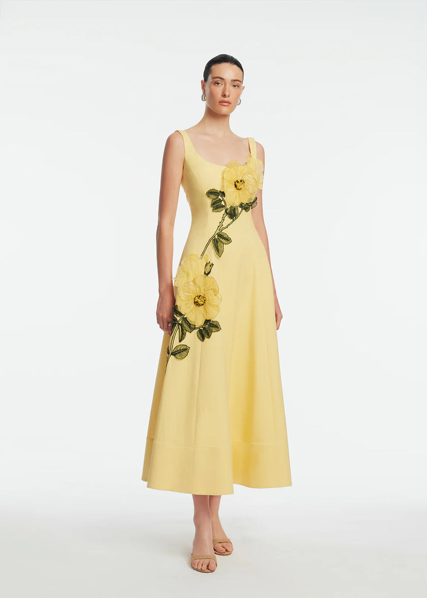 PEONY EMBROIDERED STRETCH COTTON FULL DRESS
