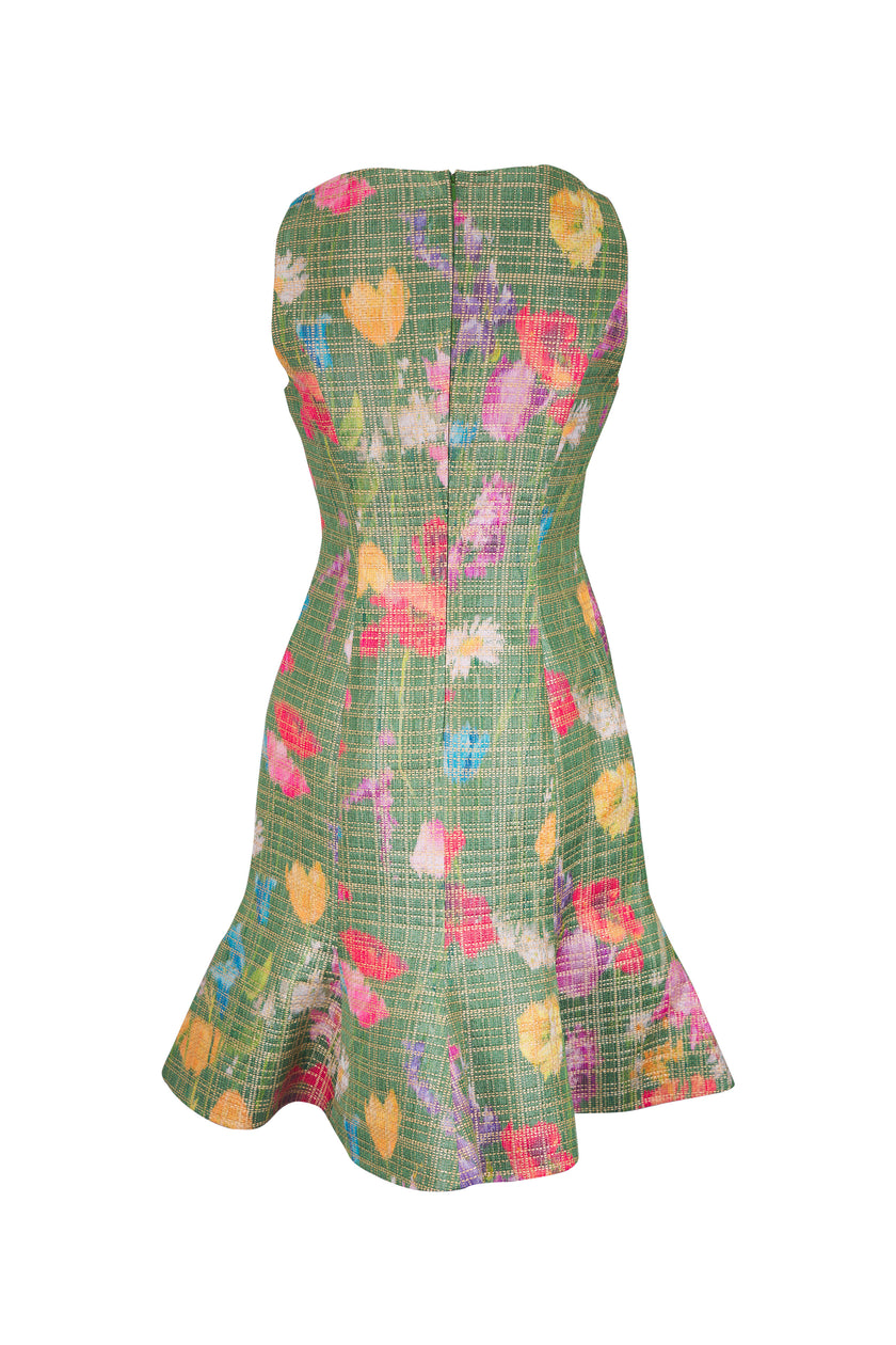 SLEEVELESS FLORAL RAFFIA FLOUNCE MINI DRESS