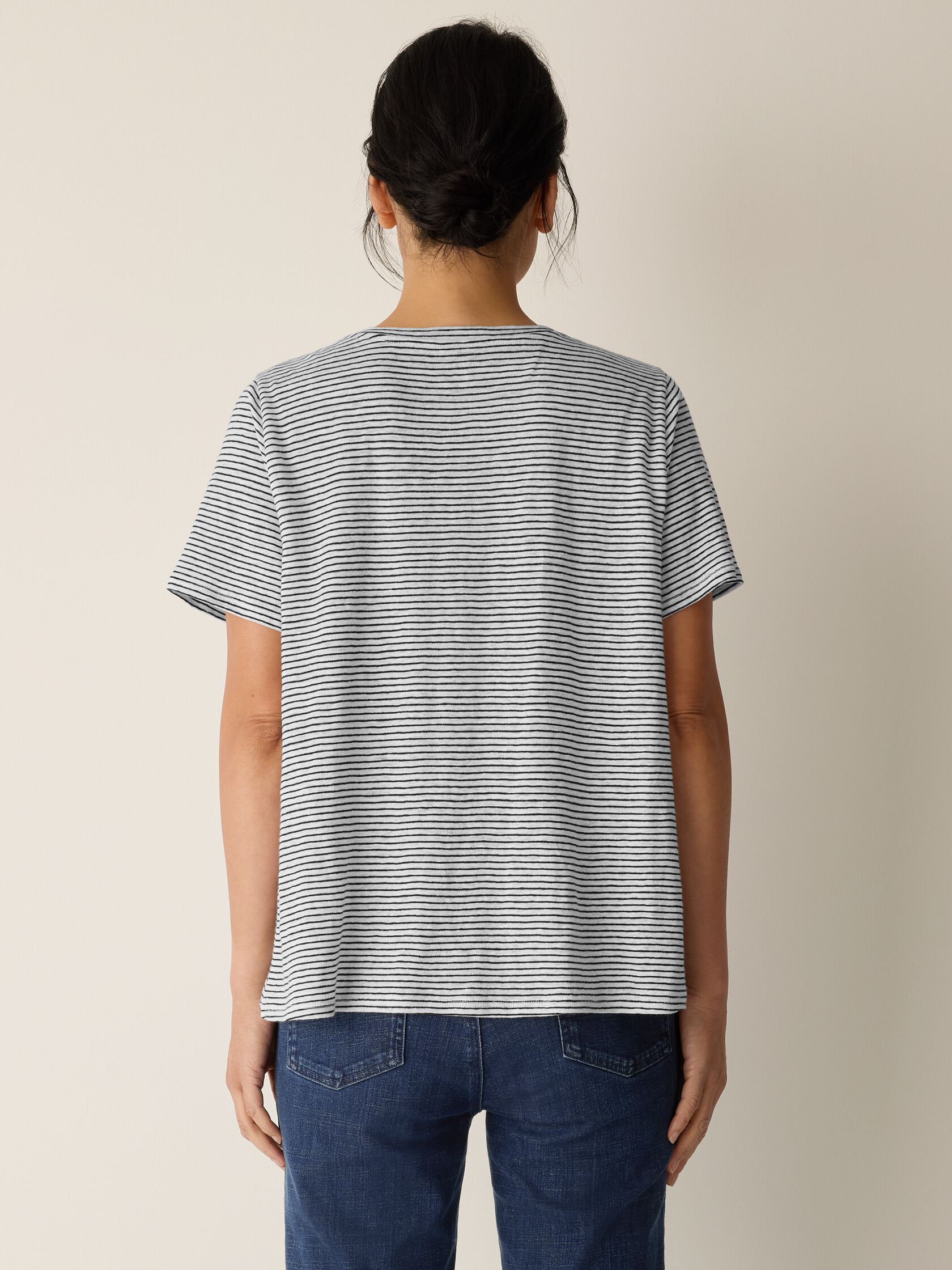 STRIPED ORGANIC LINEN JERSEY CREW NECK TEE