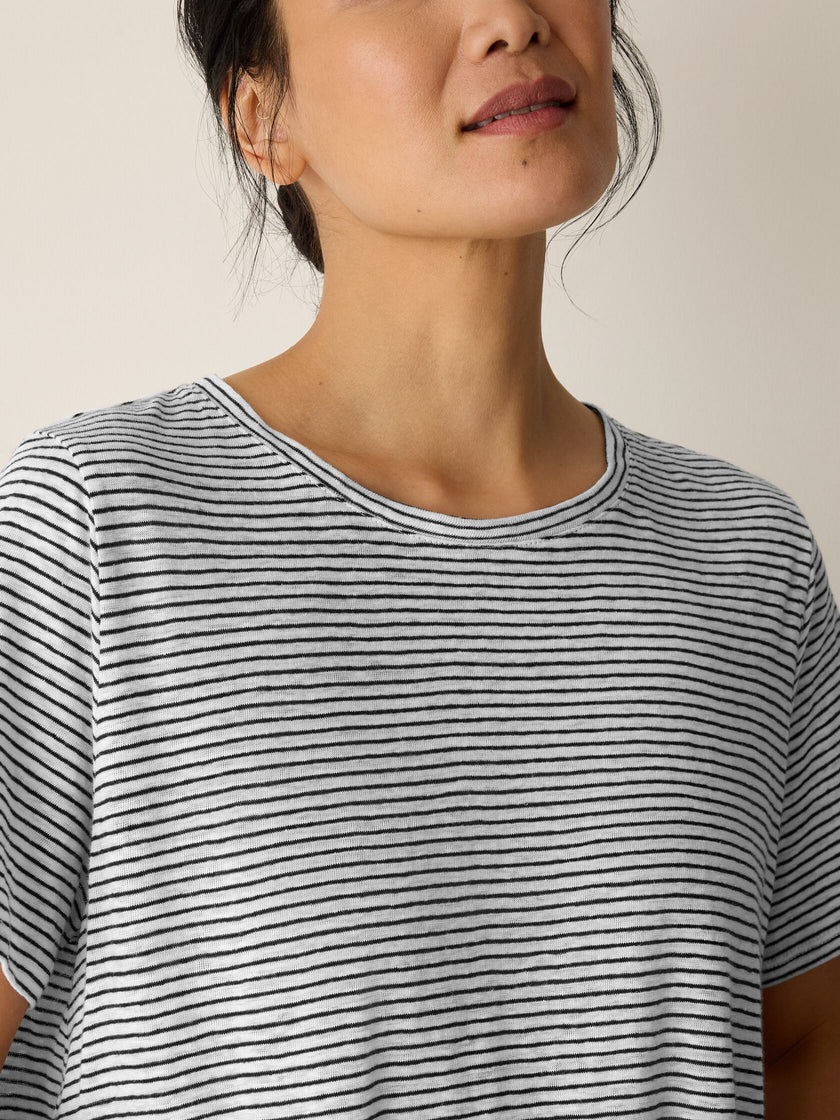 STRIPED ORGANIC LINEN JERSEY CREW NECK TEE