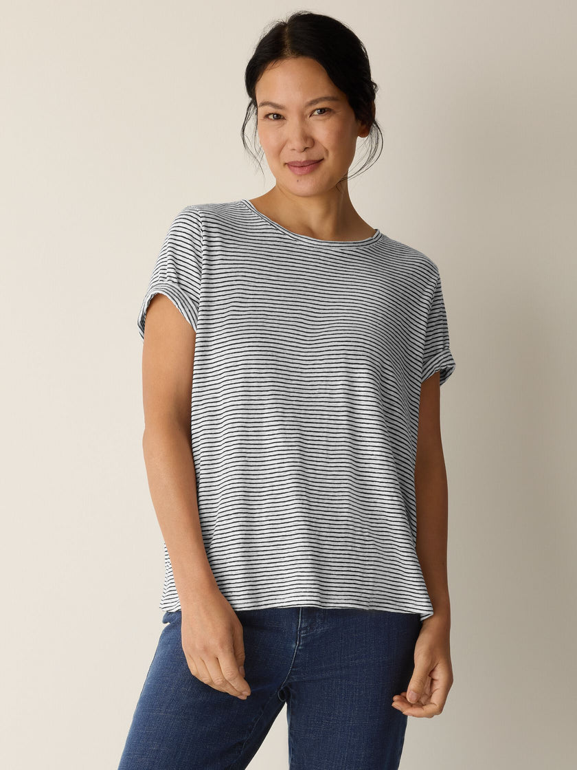 STRIPED ORGANIC LINEN JERSEY CREW NECK TEE