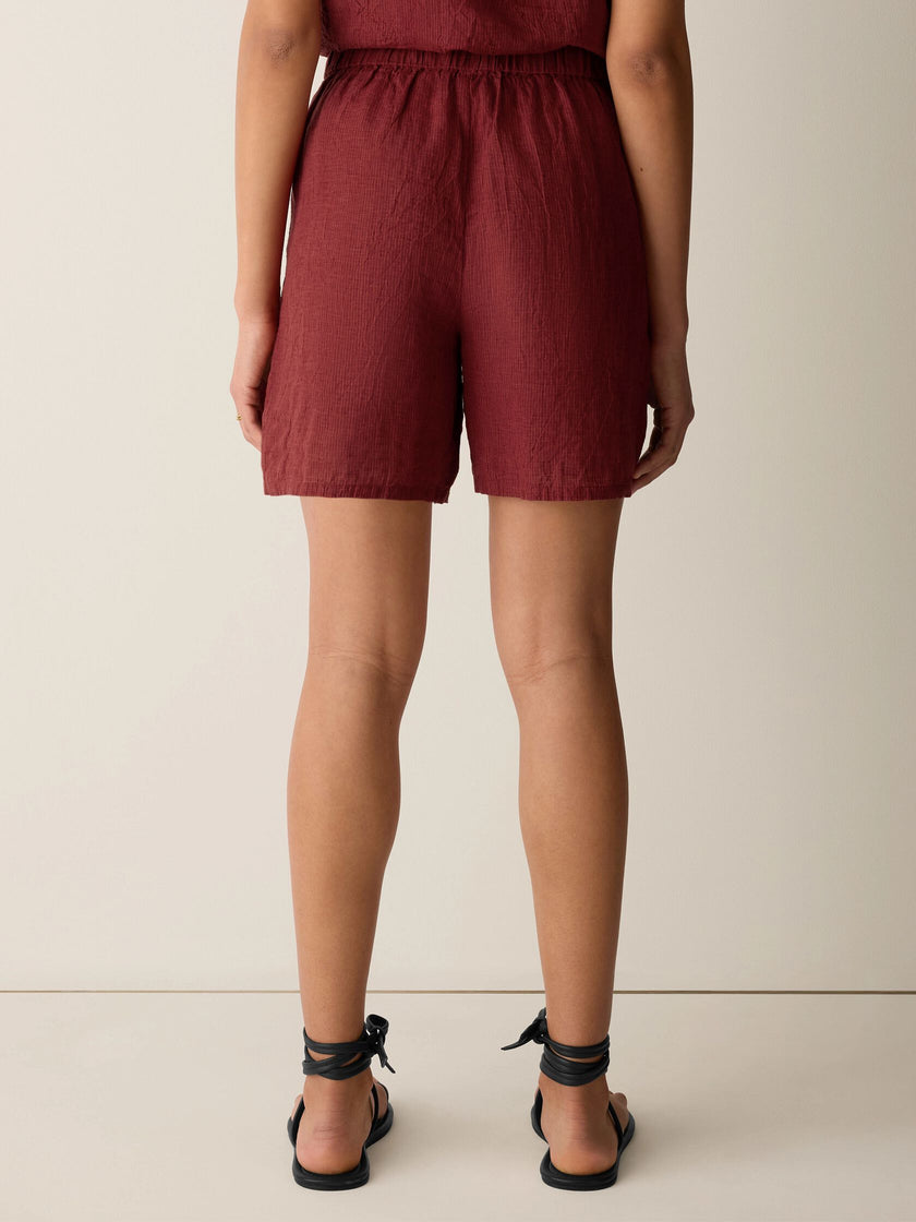 PUCKERED ORGANIC LINEN STRIPE SHORTS