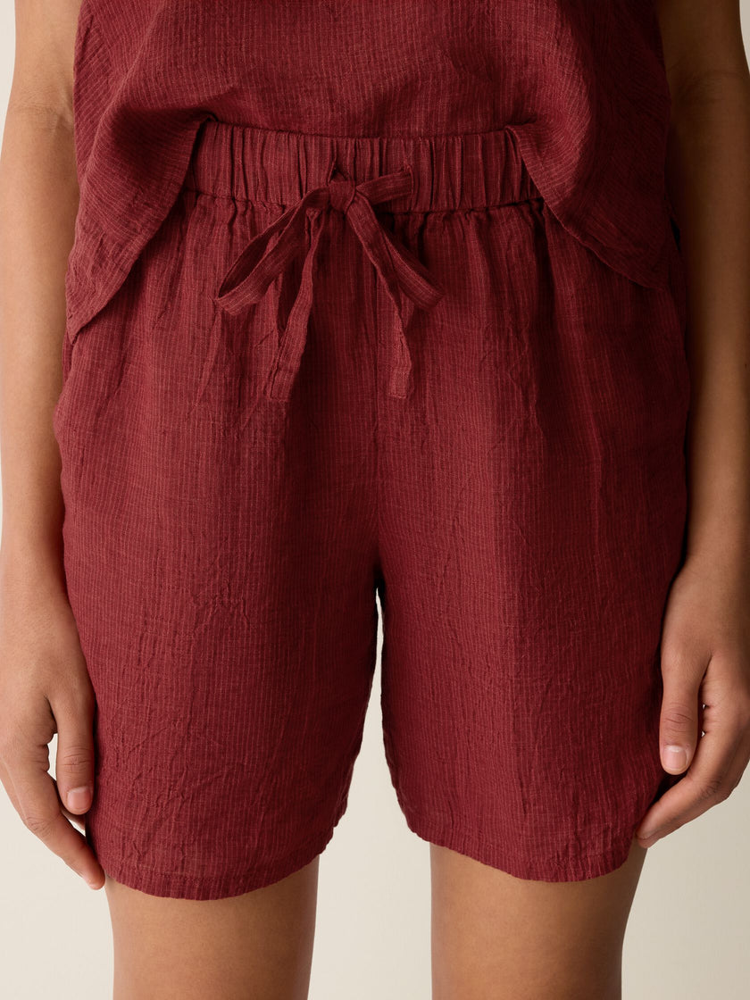 PUCKERED ORGANIC LINEN STRIPE SHORTS