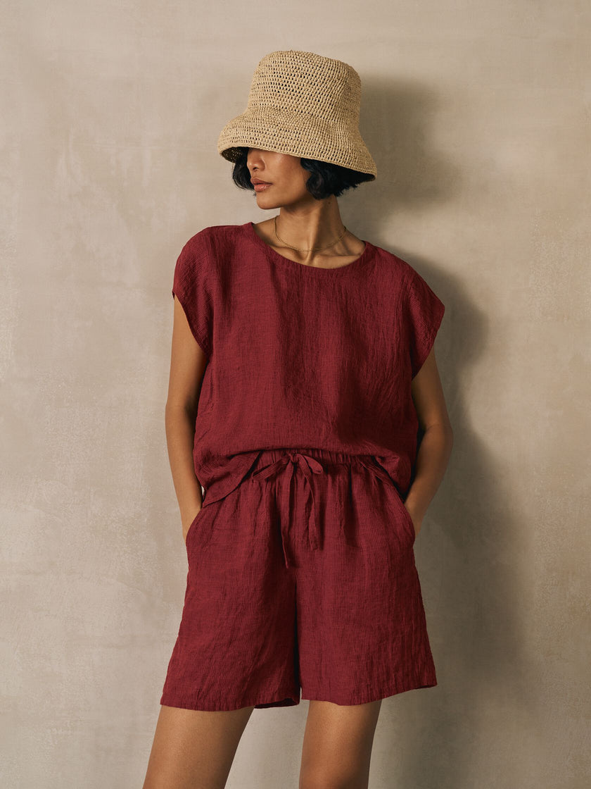 PUCKERED ORGANIC LINEN STRIPE SHORTS