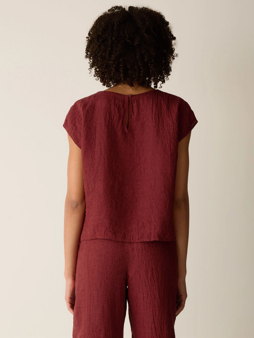 PUCKERED ORGANIC LINEN STRIPE SQUARE TOP