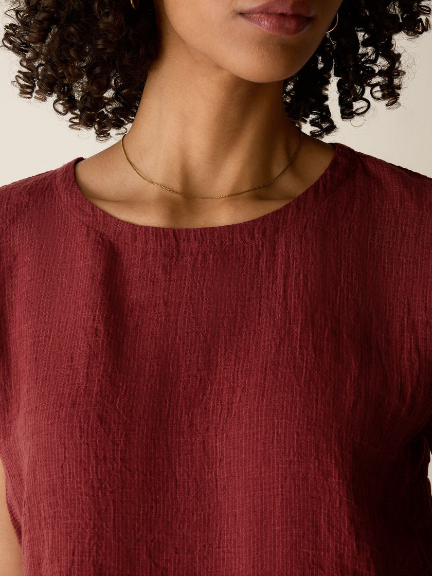 PUCKERED ORGANIC LINEN STRIPE SQUARE TOP