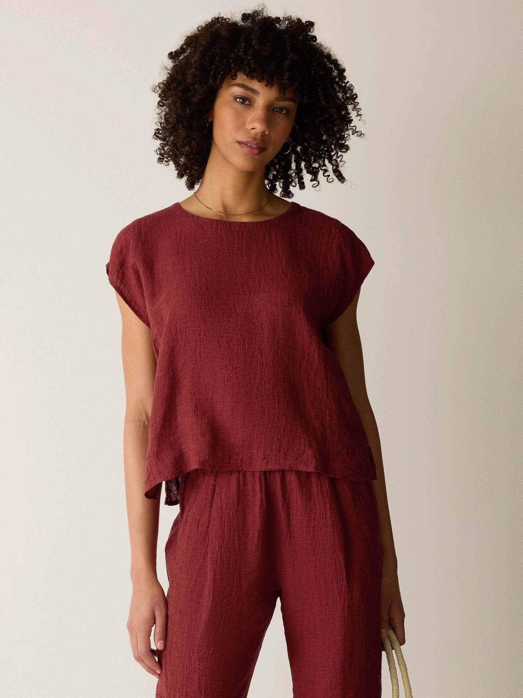 PUCKERED ORGANIC LINEN STRIPE SQUARE TOP