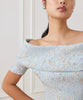 JACQUARD OFF THE SHOULDER FIT AND FLARE DRESS