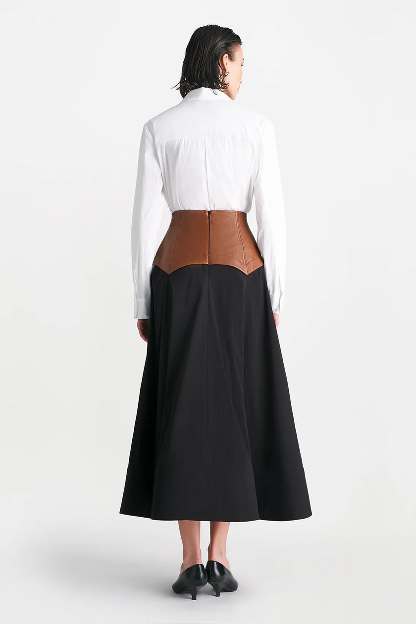 COTTON POPLIN FULL SKIRT WITH LEATHER WAISTBAND