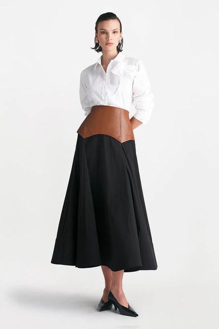 COTTON POPLIN FULL SKIRT WITH LEATHER WAISTBAND