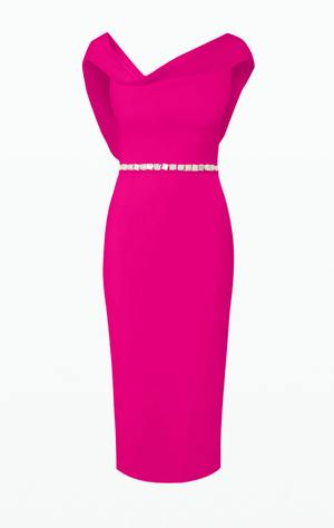 CREPE DRAPE FRONT COCKTAIL DRESS WITH PEARL BELT