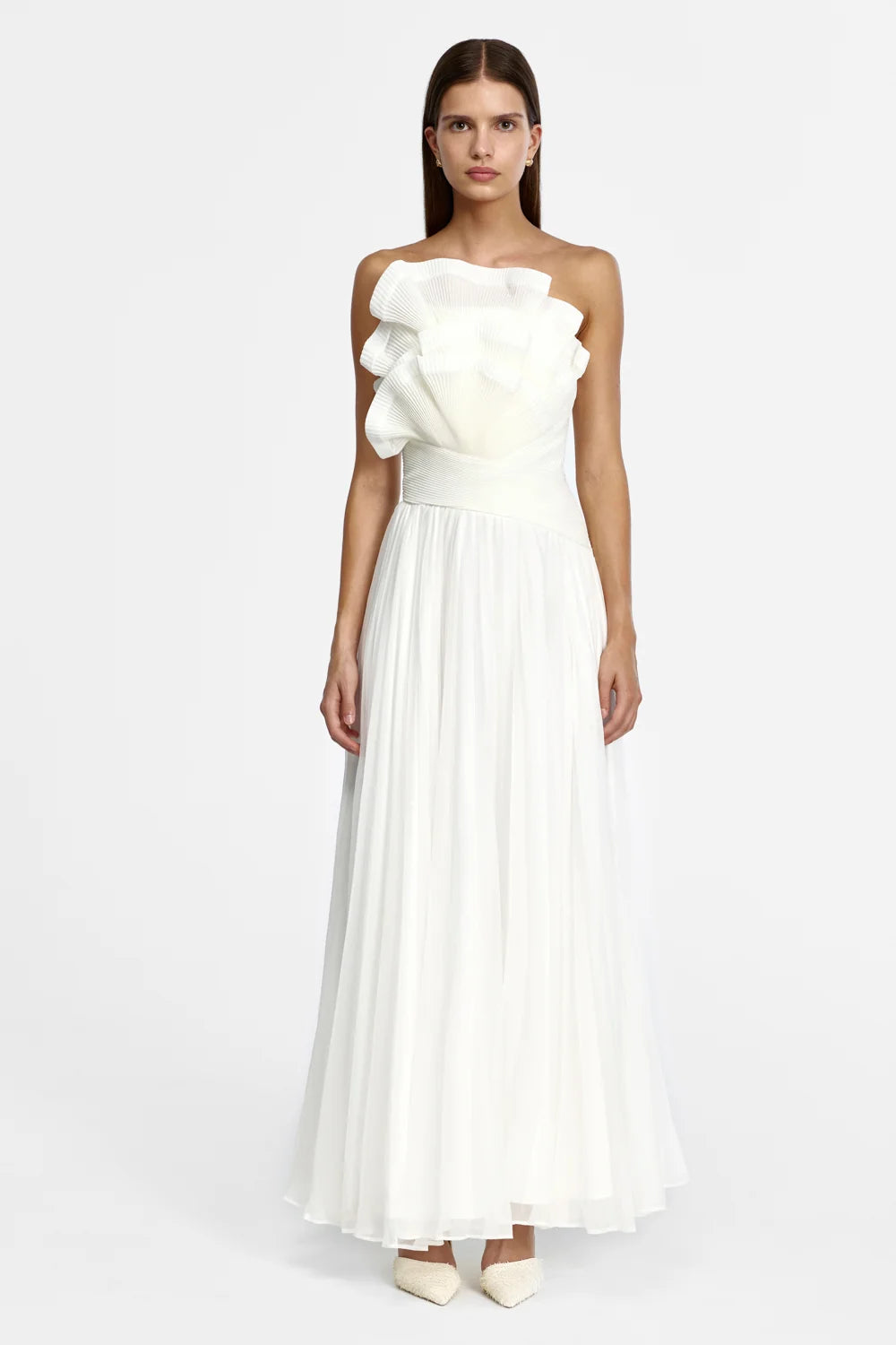 PENDA MAXI DRESS WHITE RUFFLE PLEATED SKIRT MAXI DRESS