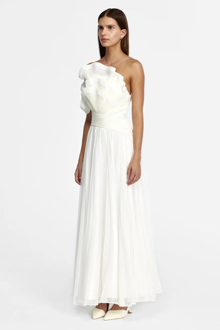 PENDA MAXI DRESS WHITE RUFFLE PLEATED SKIRT MAXI DRESS
