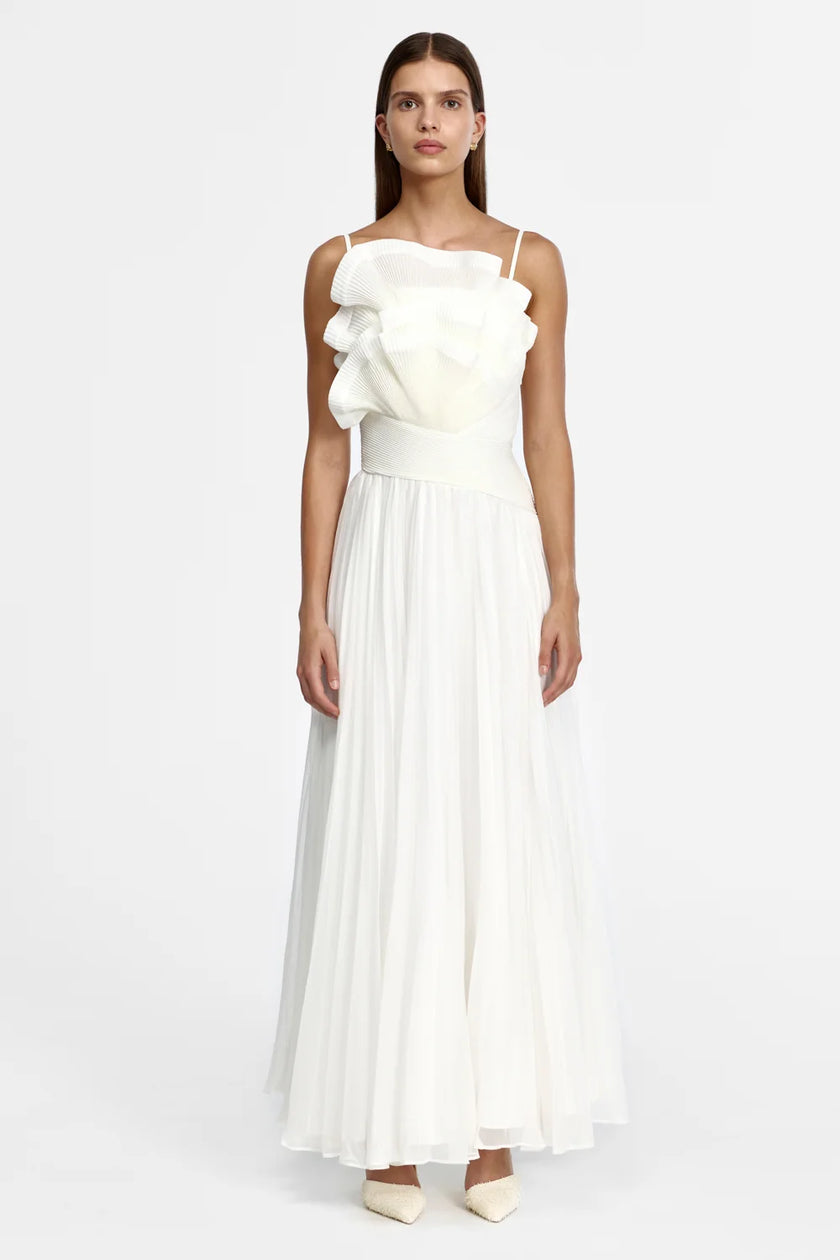 PENDA MAXI DRESS WHITE RUFFLE PLEATED SKIRT MAXI DRESS