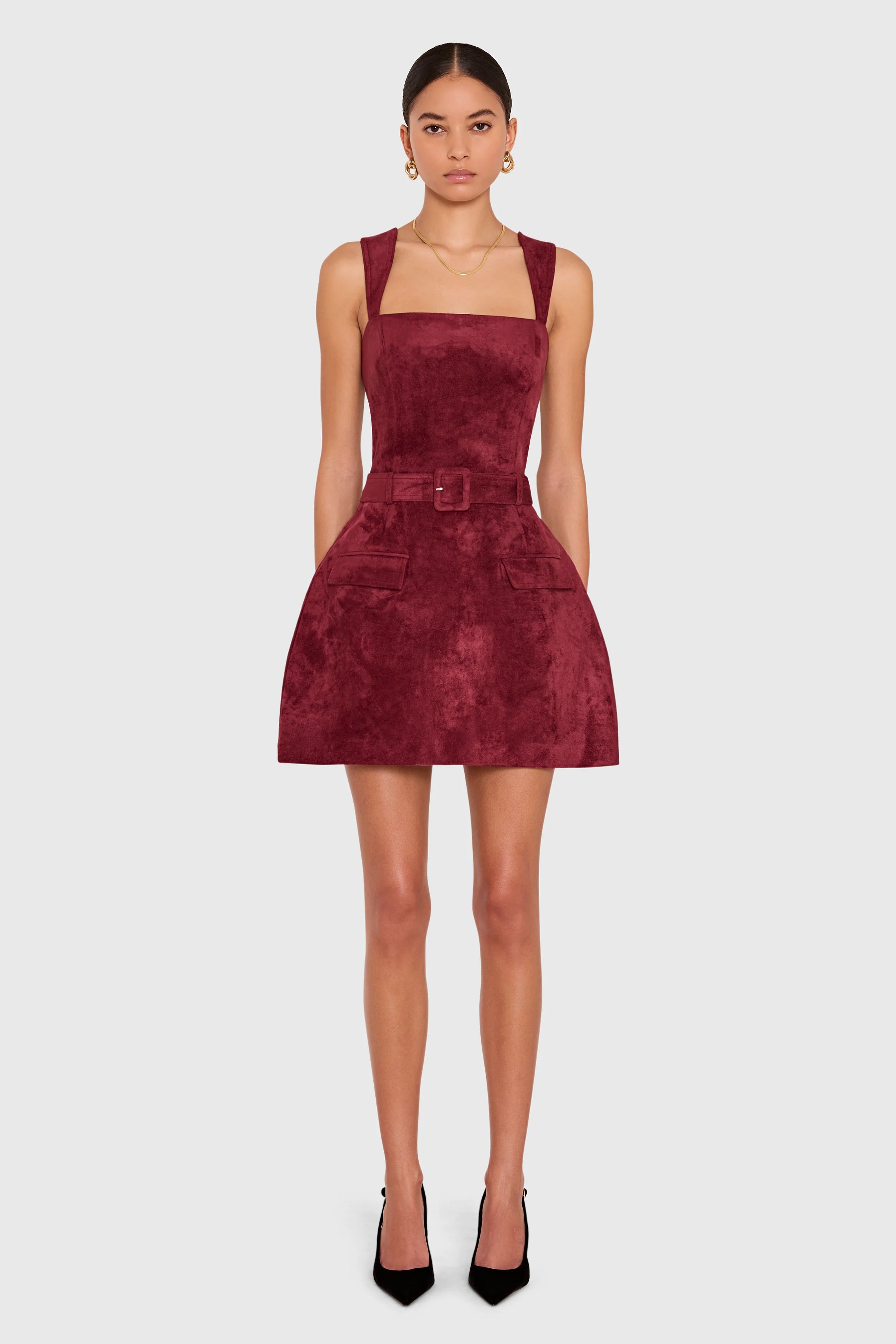 BETHANY SKORT ROMPER IN SUEDE BURGUNDY