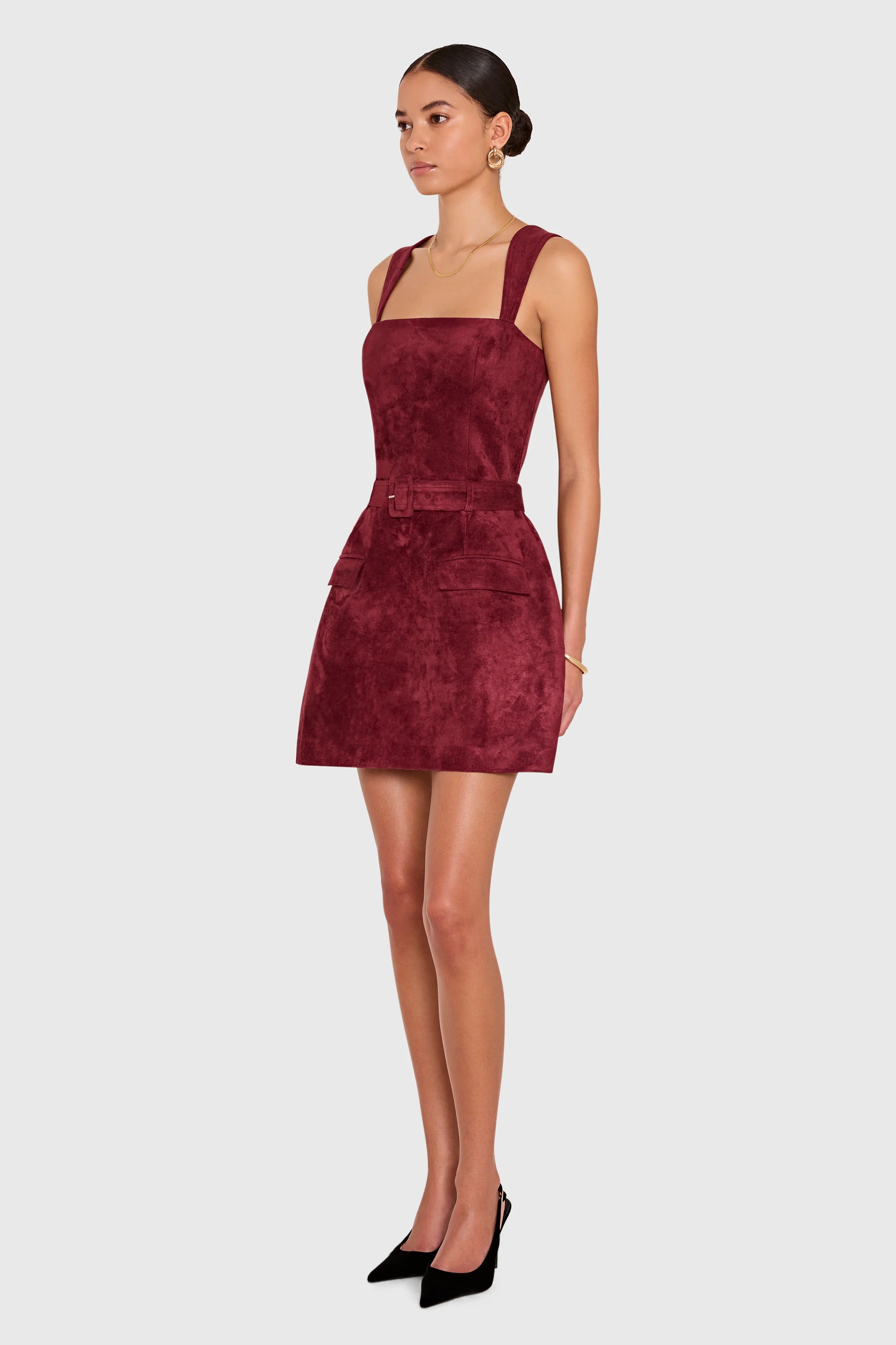 BETHANY SKORT ROMPER IN SUEDE BURGUNDY