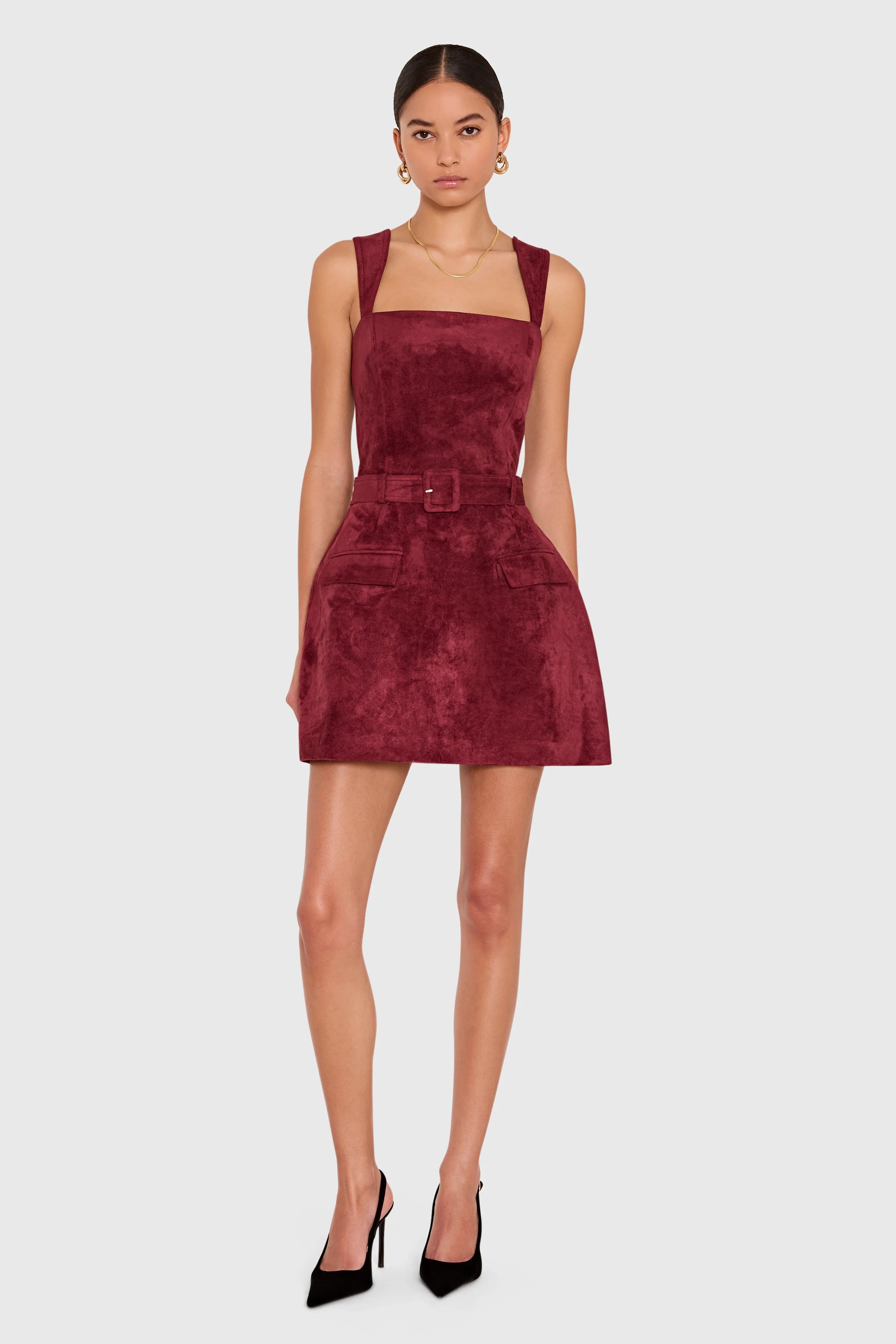 BETHANY SKORT ROMPER IN SUEDE BURGUNDY