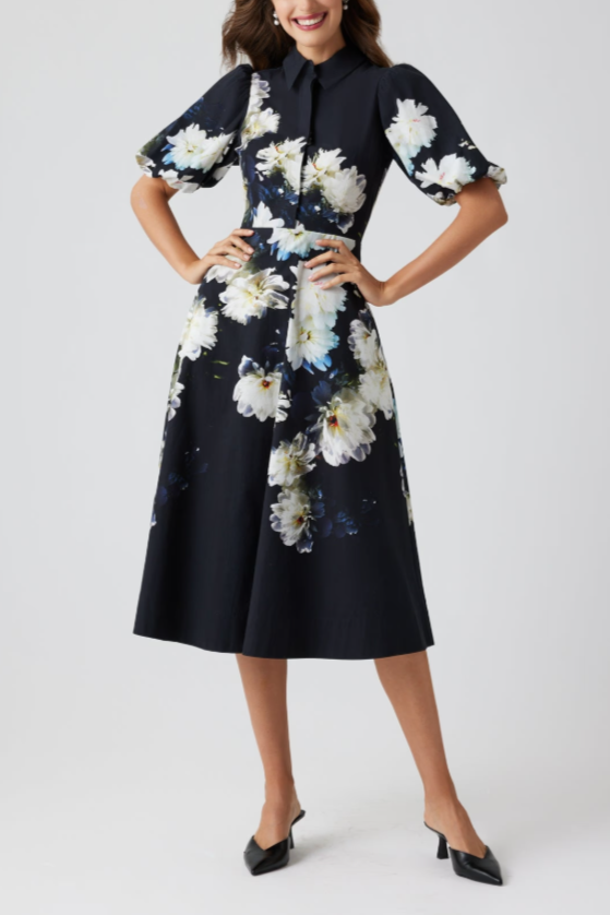 COTTON PUFF SLEEVE FLORAL SHIRT WAIST DRESS